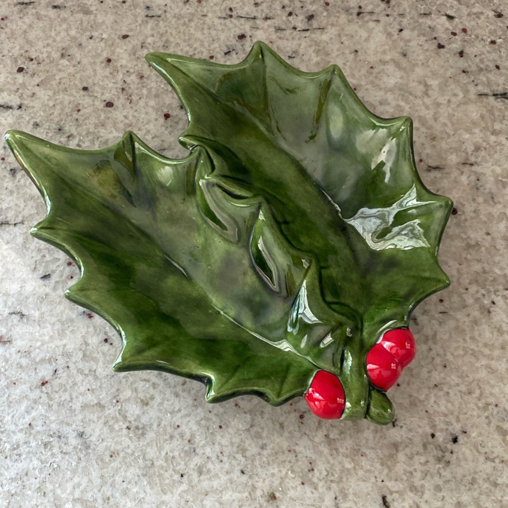 Vintage Christmas holly and berries ceramic dish